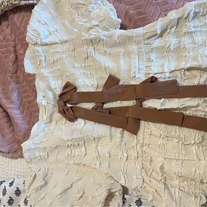 Cream Textured Blouse with Brown Tie